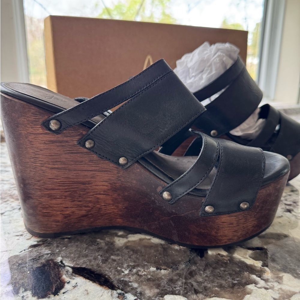 Joie Black Leather Wood Platform Wedge Sandals – Size 8